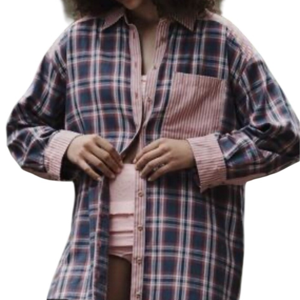 Anthropologie Plaid Flannel Boyfriend Button Down Shirt‎ Womens S Navy Red